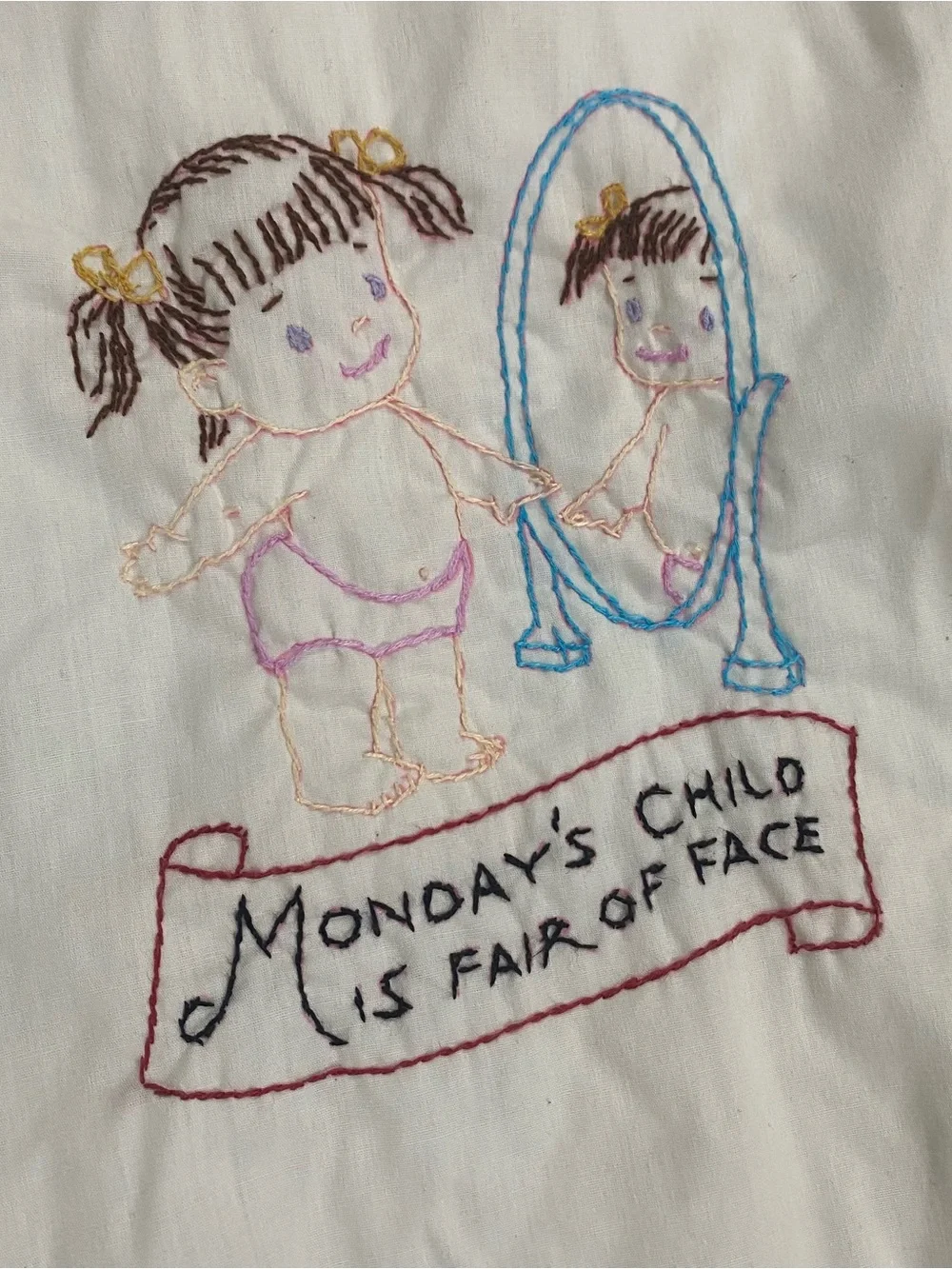 Vtg Child Baby Embroidered Monday’s Child Nursery Rhyme Tie Quilt 42” x 52”